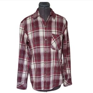 XS TNA Flannel Boyfriend Fit Plaid Maroon and White Checkered Button Down Shirt